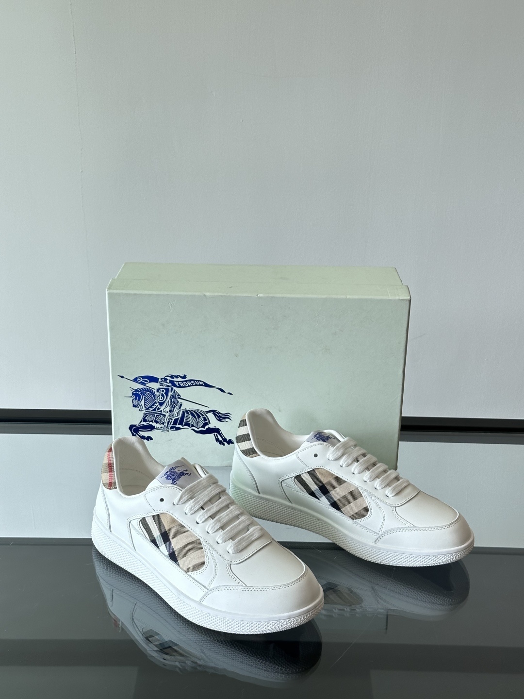 Burberry Leather and Check Terrace Sneakers in white calf leather