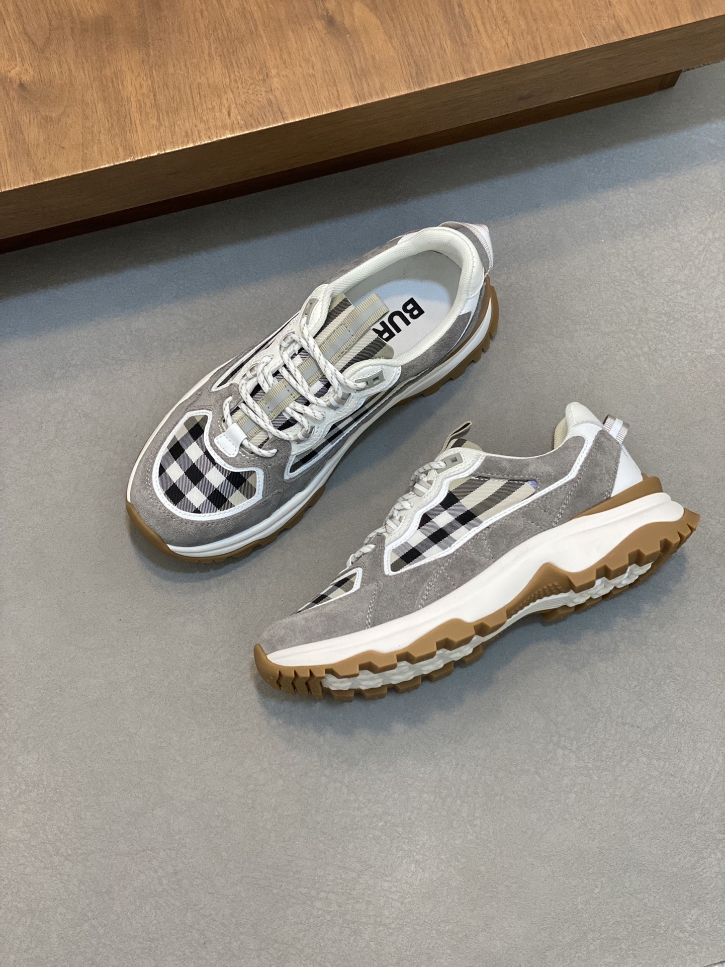 Burberry Check, Suede and Leather Sneakers in gray