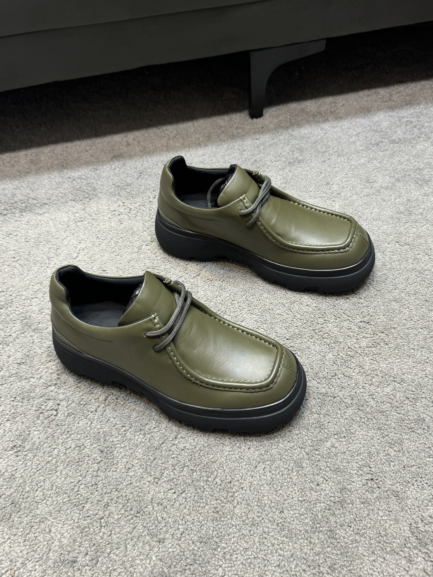 Burberry Leather Platform Lace-Up Loafers Olive Green