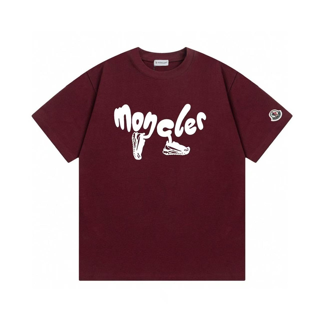 Moncler Burgundy Embroidered Varsity Logo Cotton T-shirt