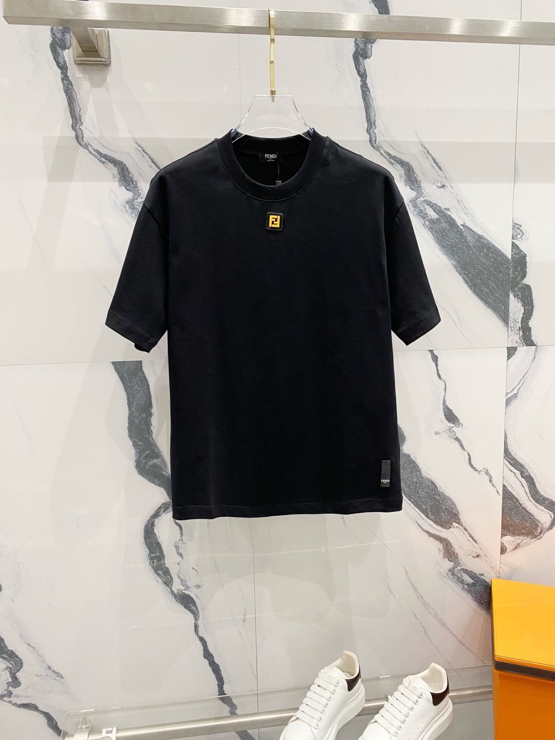 Fendi black cotton T-shirt with a minimalist FF logo on the chest