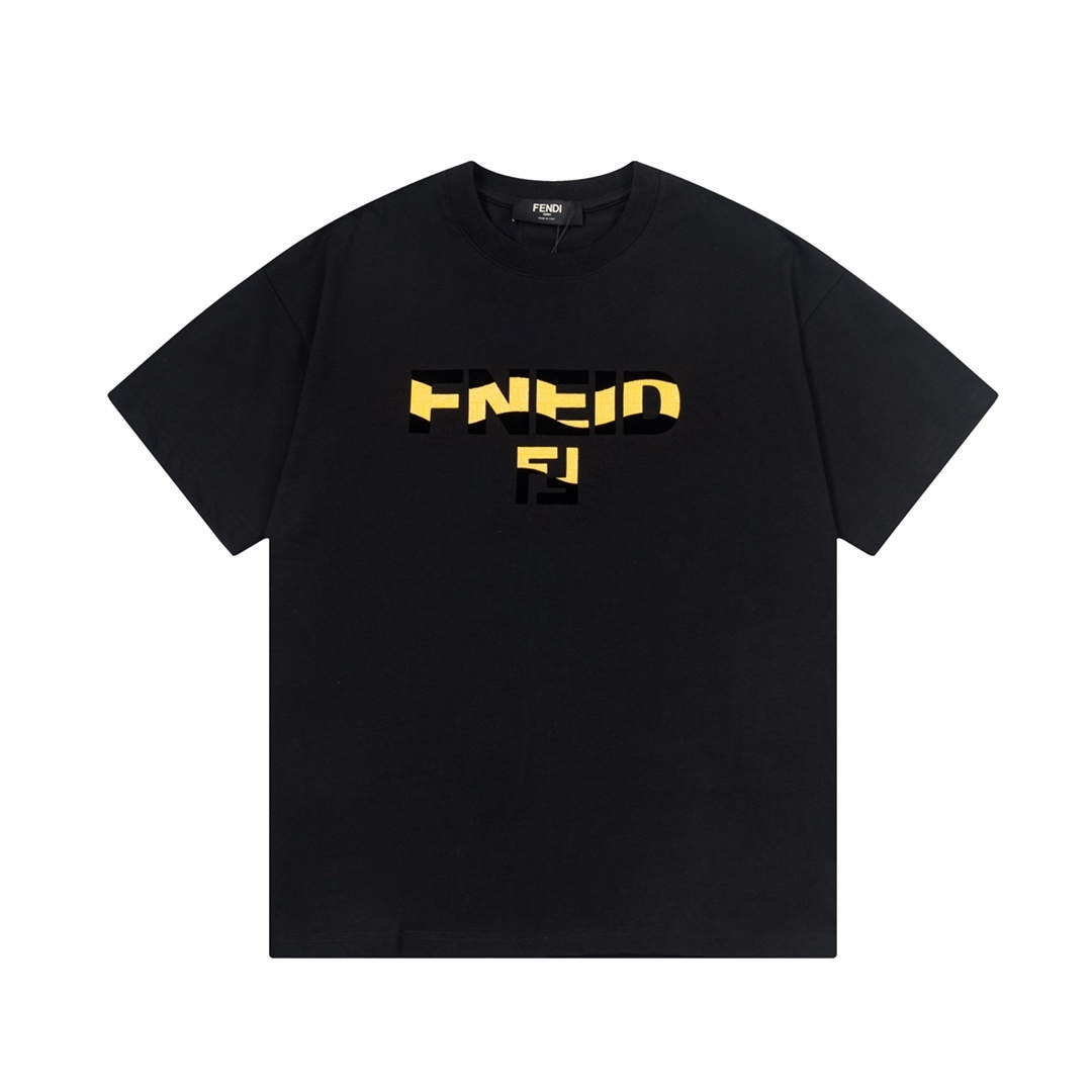Fendi short-sleeve cotton T-shirt featuring a yellow "Cat Eye Logo" print on the front.