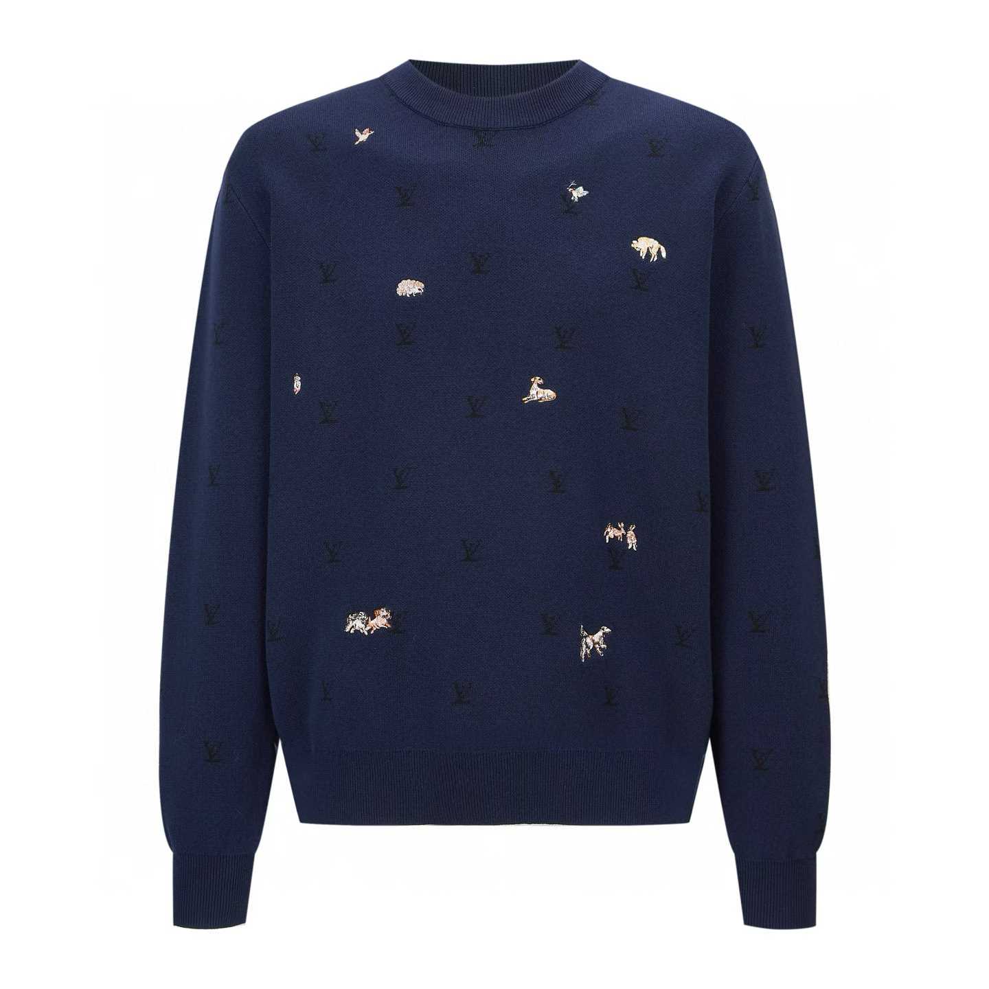 LV LV Blason long-sleeved crewneck in dark navy blue sweater wool with embroidered animal patches.