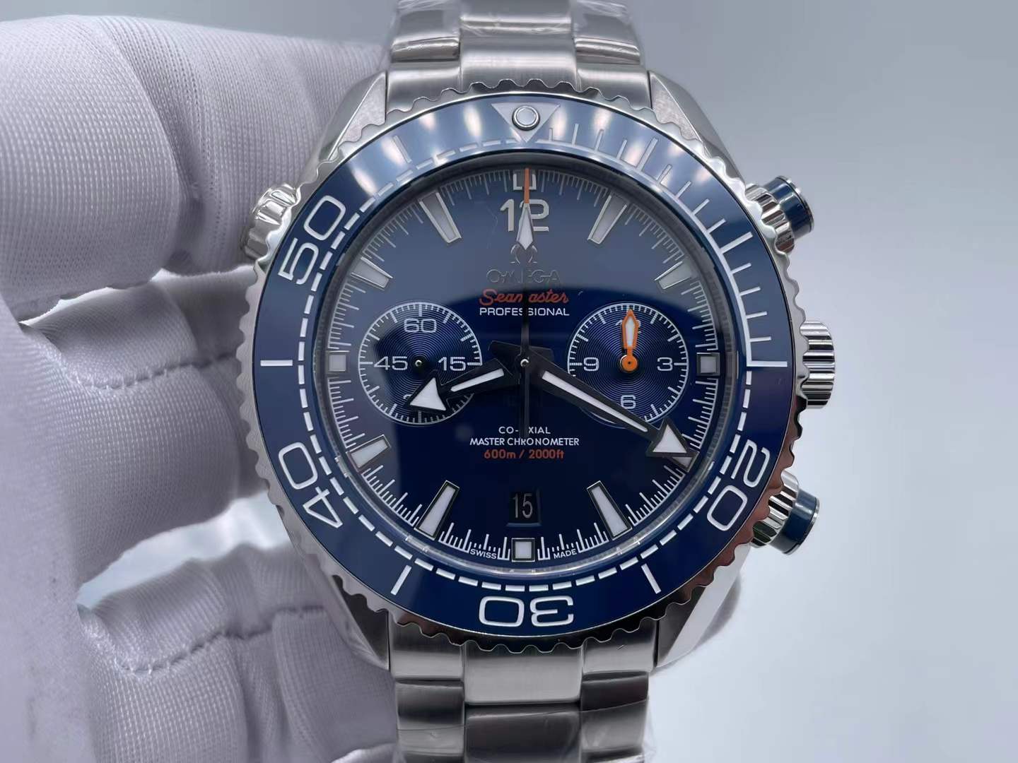 Seamaster Planet Ocean 600M Co-Axial Master Chronometer Chronograph in a 45.5mm steel case with a blue ceramic dial and bezel on a stainless steel bracelet