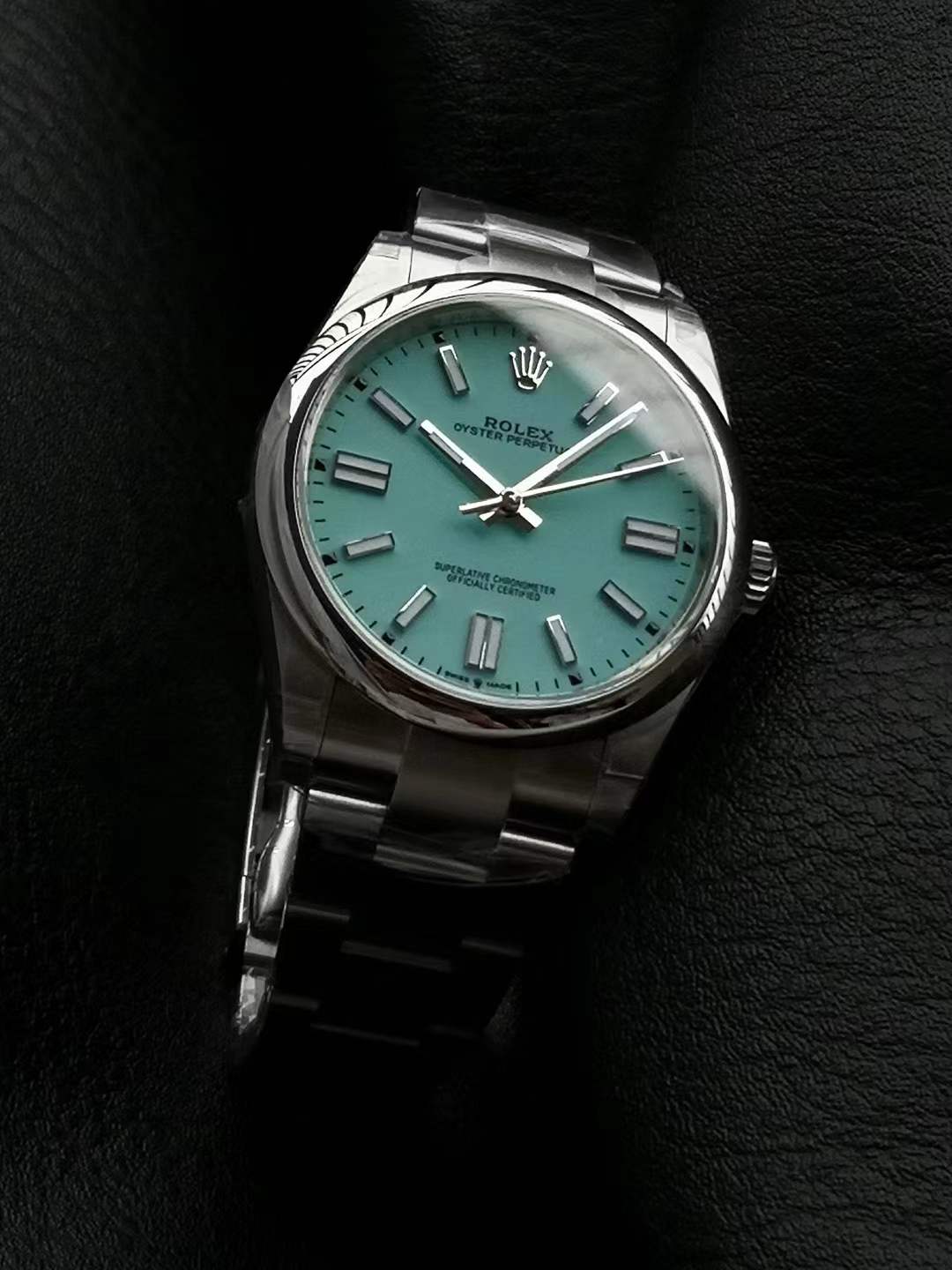 Oyster Perpetual watch with a turquoise blue dial