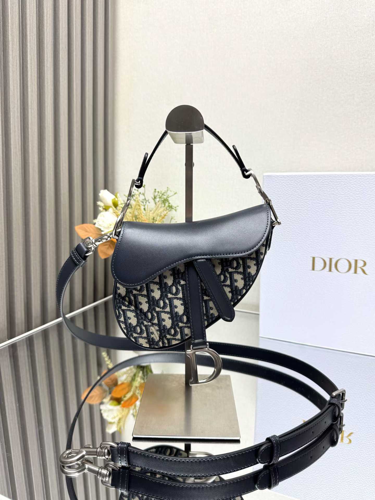 Christian Dior Mini Saddle Bag with Strap in blue Dior Oblique jacquard canvas and leather