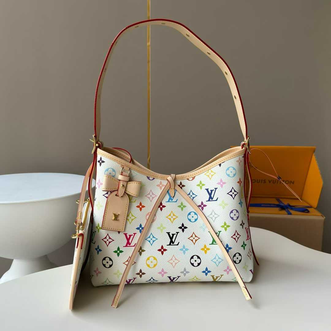 LV x Takashi Murakami CarryAll PM bag in white multicolor monogram coated canvas with natural cowhide leather trim