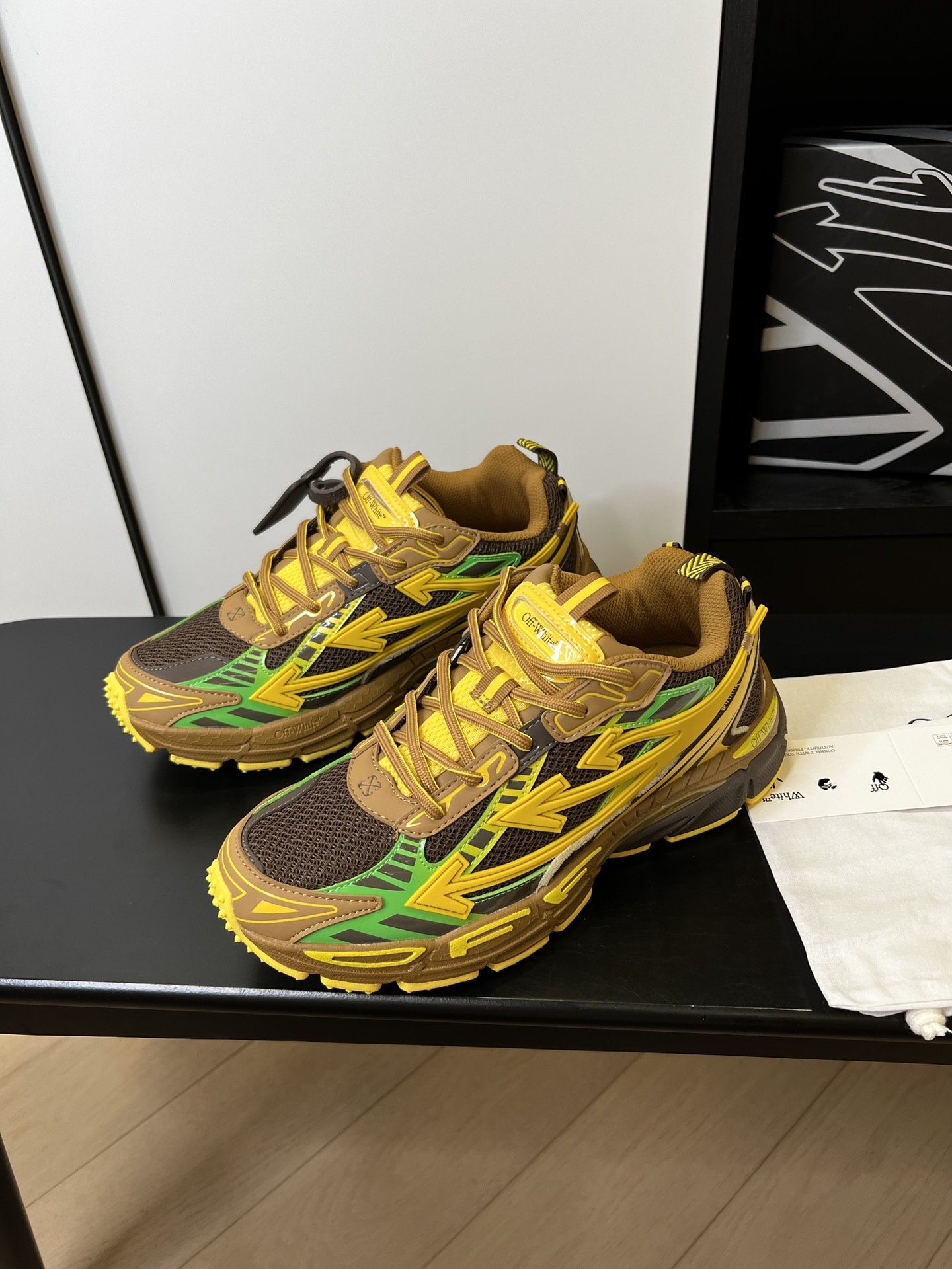 Off-White Be Right Back sneaker in a brown green and yellow