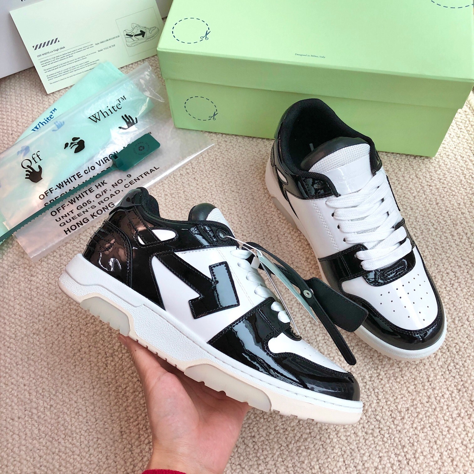 Off-White Out Of Office OOO Low Tops sneaker in patent black and white leather
