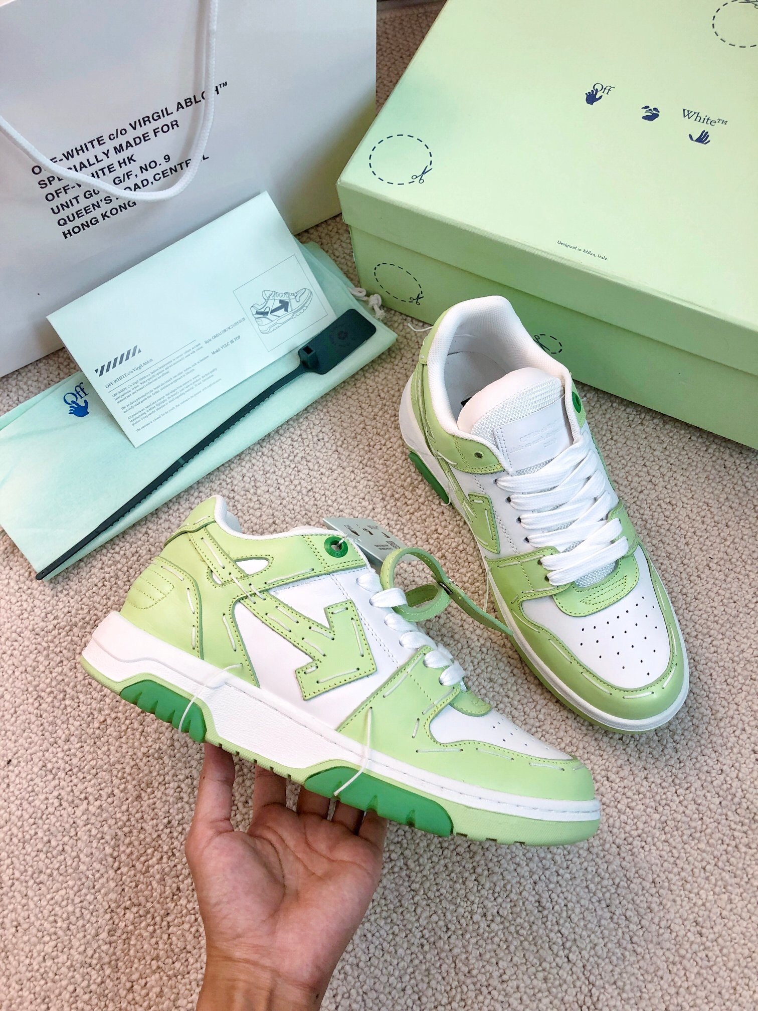Off-White Out of Office "OOO" low-top sneakers in white and green leather