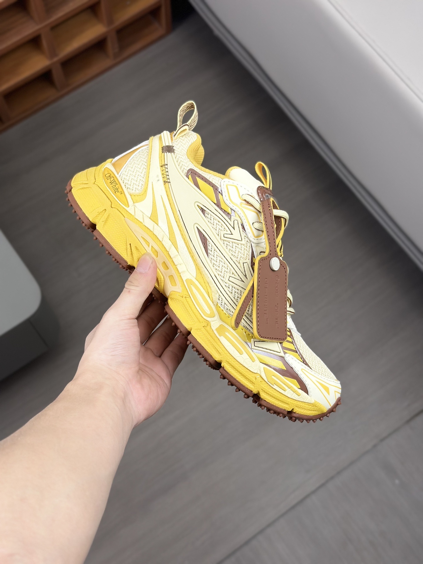 Off-White Be Right Back sneaker in a yellow and white colorway