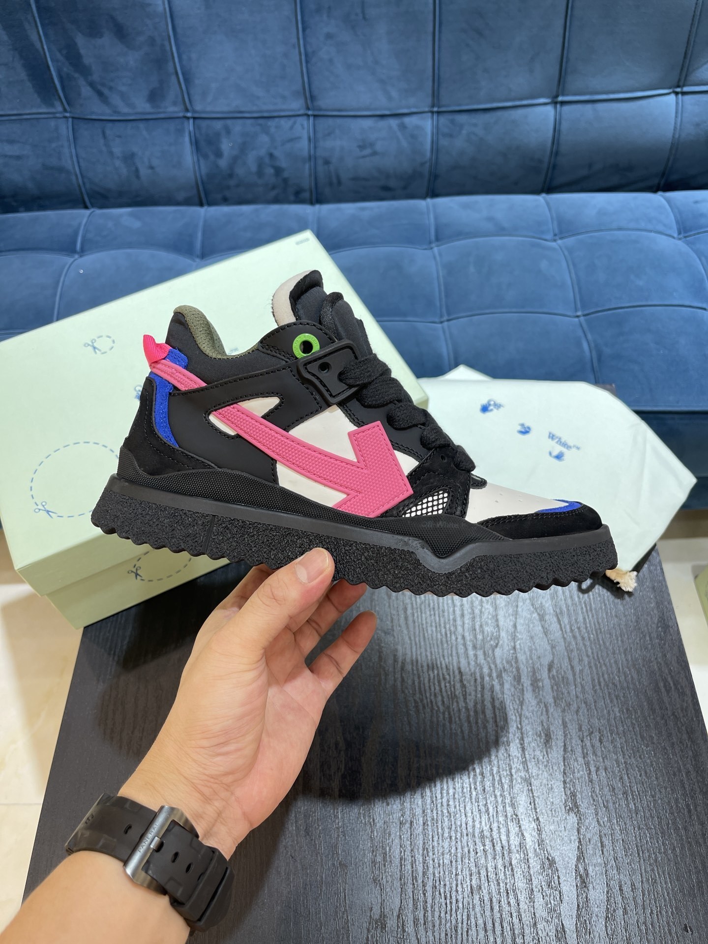 Off-White New Mid Top Sponge sneaker in black and white with fuchsia and blue accents