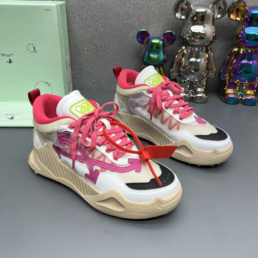 Off-White Odsy 1000 sneakers in a multicolor variant featuring pink, white, and black accents