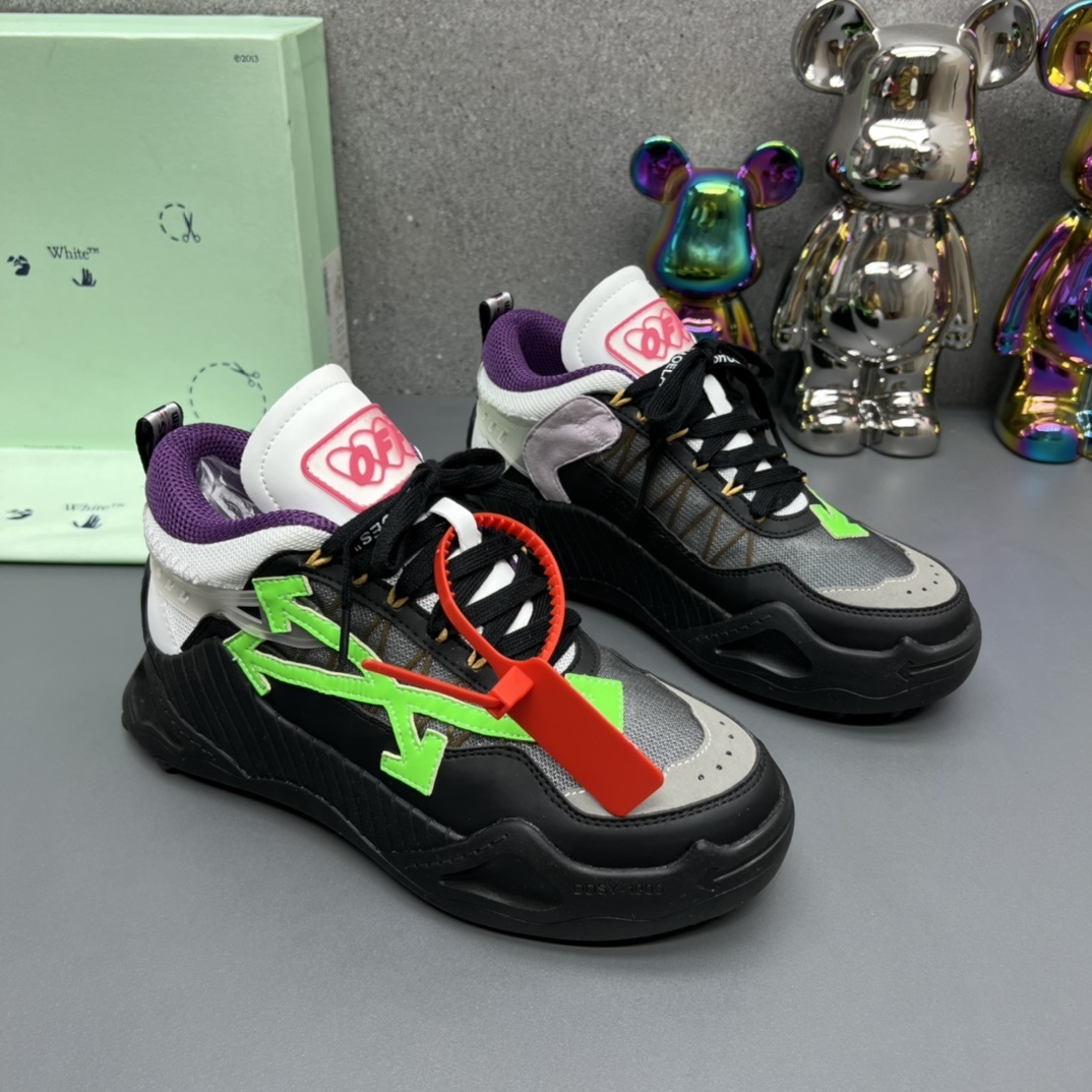 Off-White Odsy 1000 sneakers in a black, green, and purple colorway