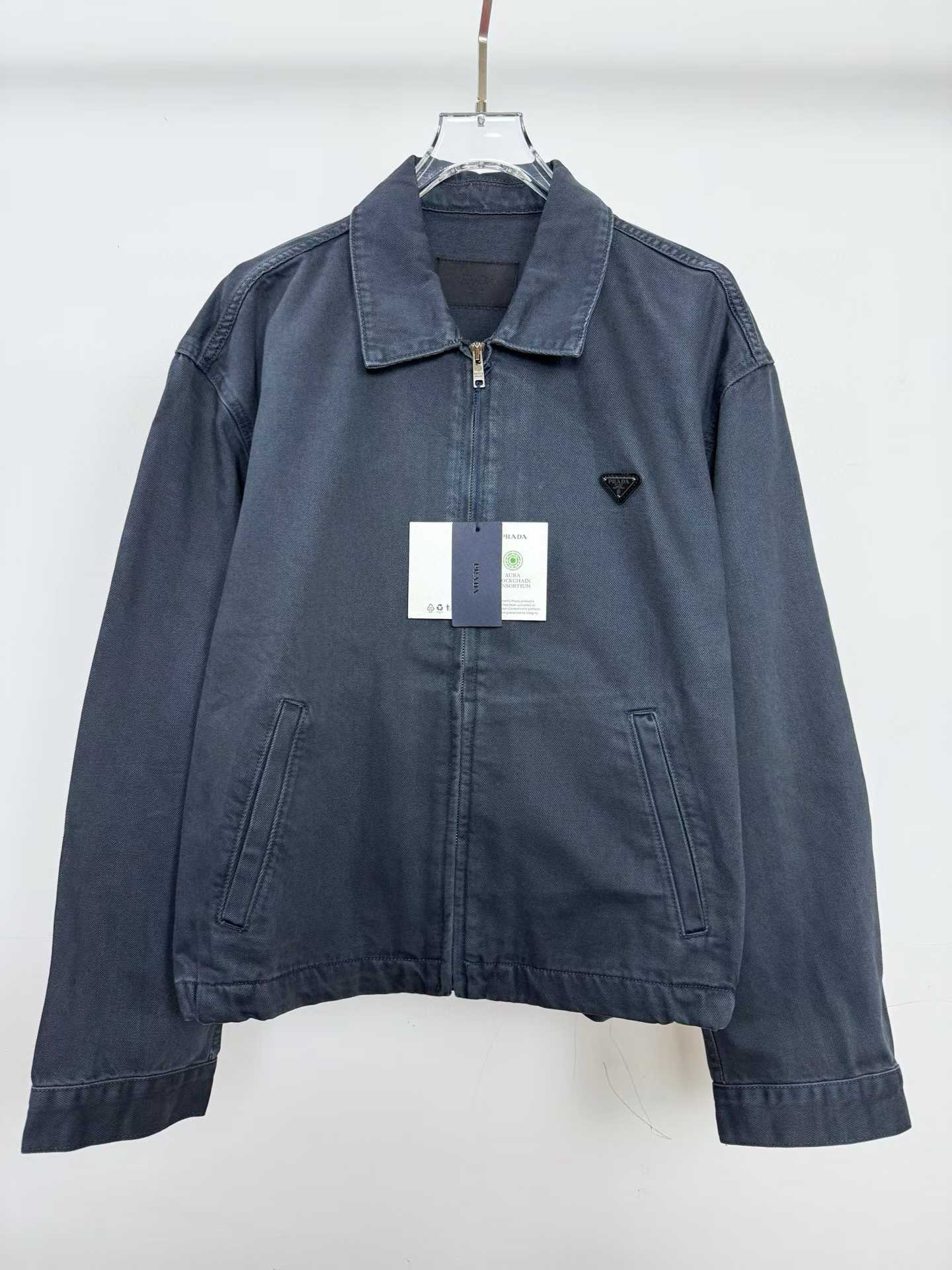 Prada denim blouson jacket in an over-dyed grey/obsidian.