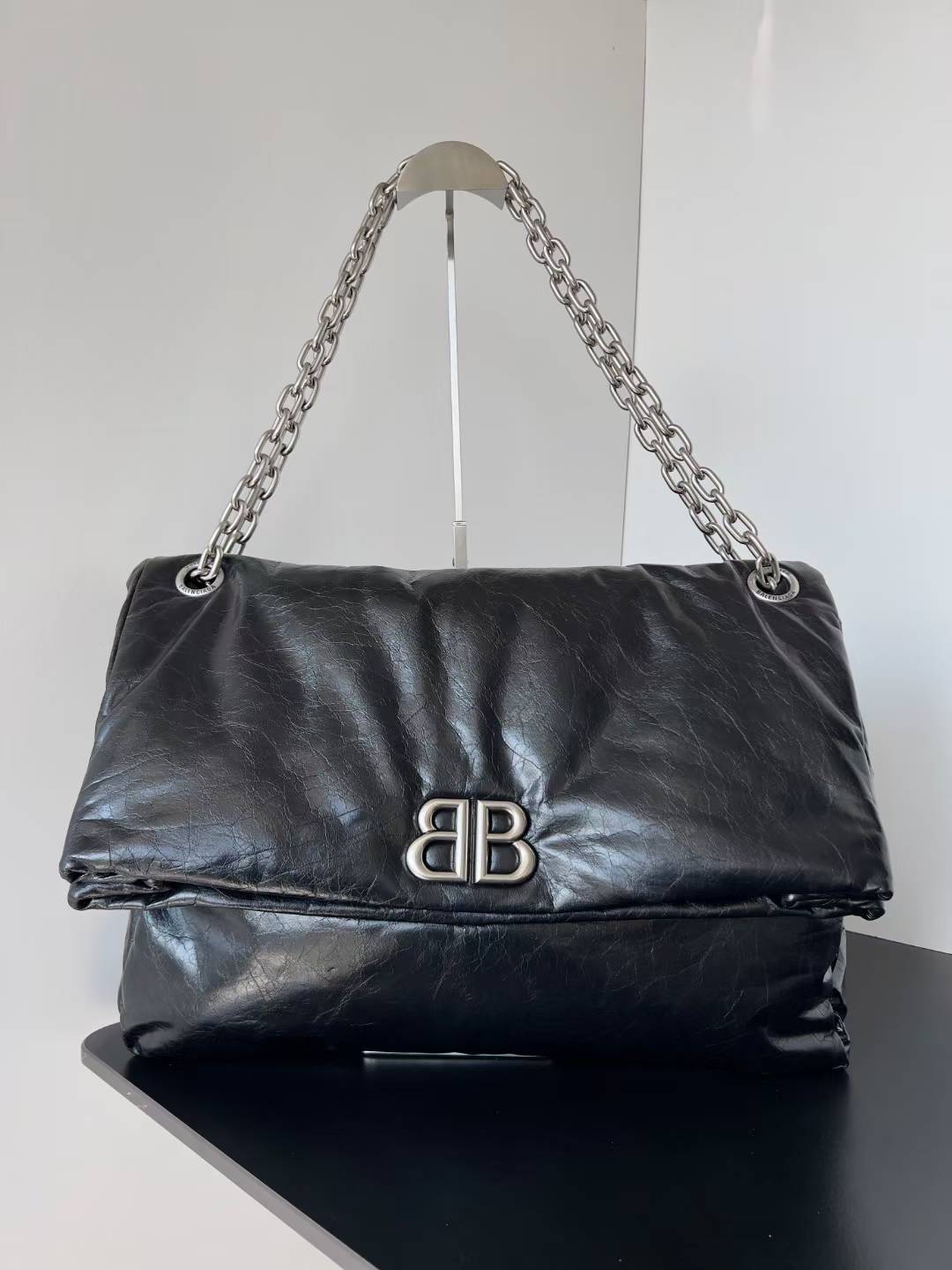 Balenciaga Arena Calfskin Large Monaco Chain Shoulder Bag in black