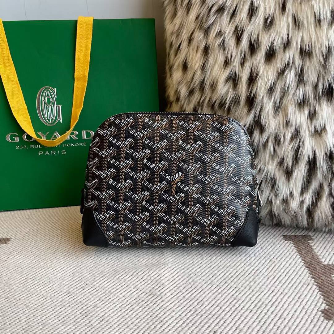 Goyard Goyardine Vendôme cosmetic pouch in the black and tan colorway