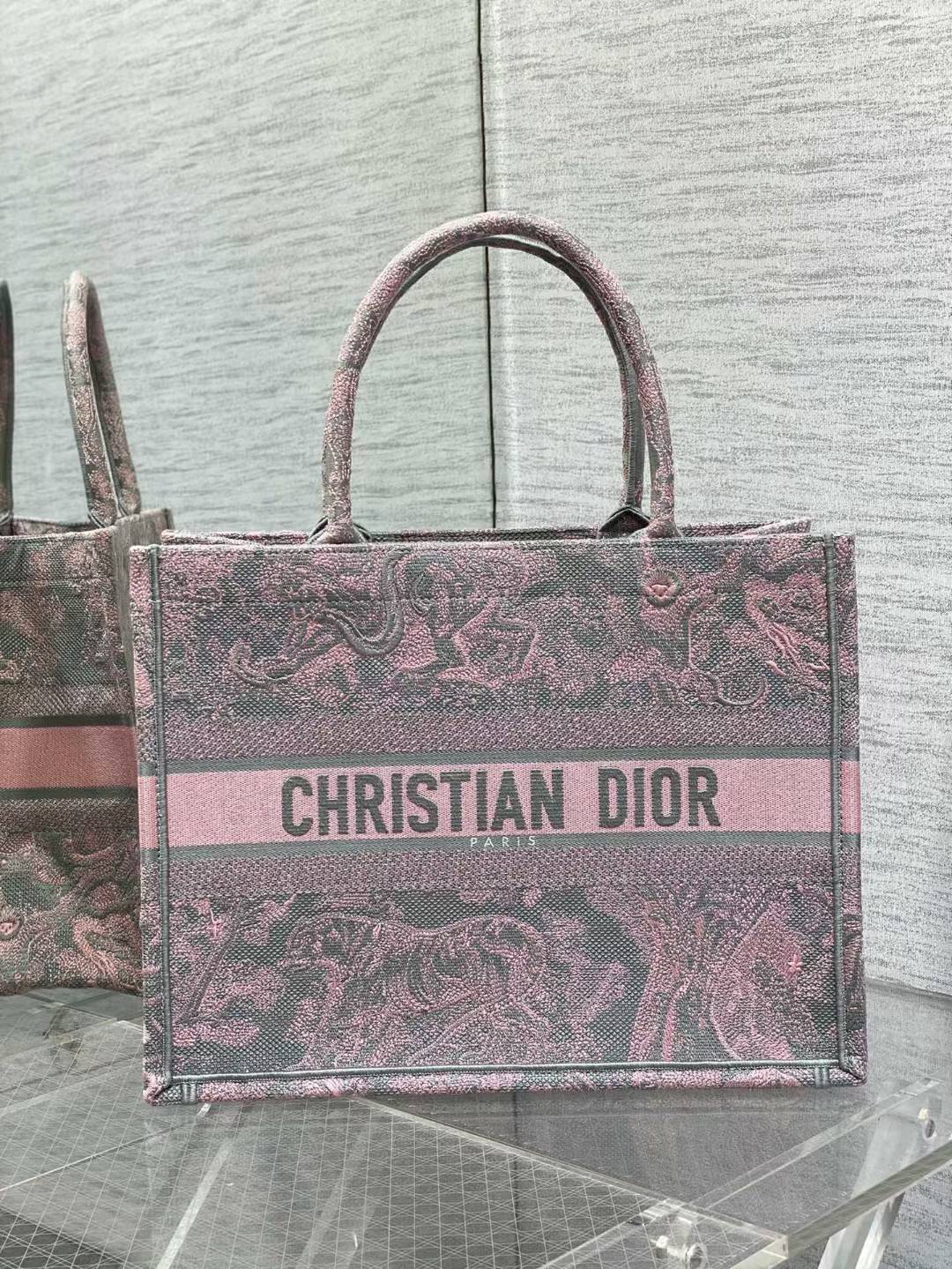 Dior Book Tote in ecru and pink Toile de Jouy embroidered canvas
