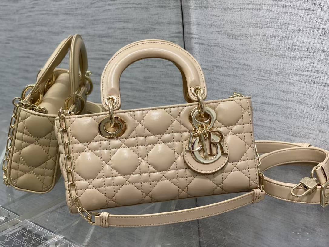 Dior Lady D-Joy bag in latte Cannage lambskin with pale gold-finish metal D.I.O.R. charms