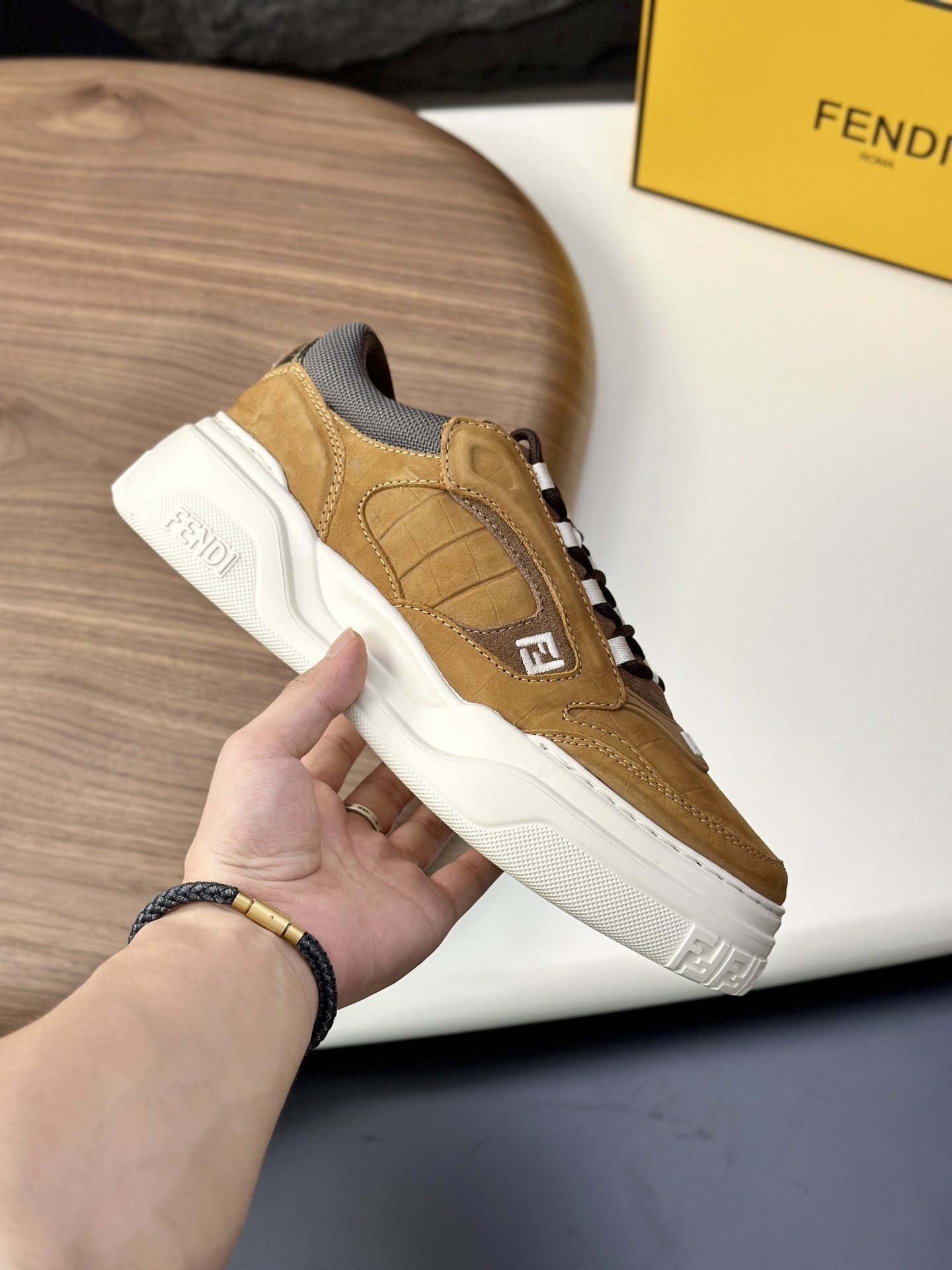 Fendi Flow trainers in beige nubuck leather and khaki suede