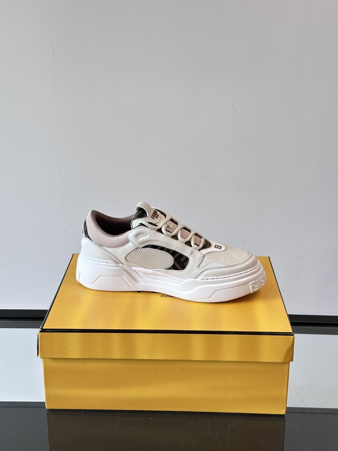 Fendi Force white leather low-top sneakers with brown FF jacquard and yellow tech fabric details