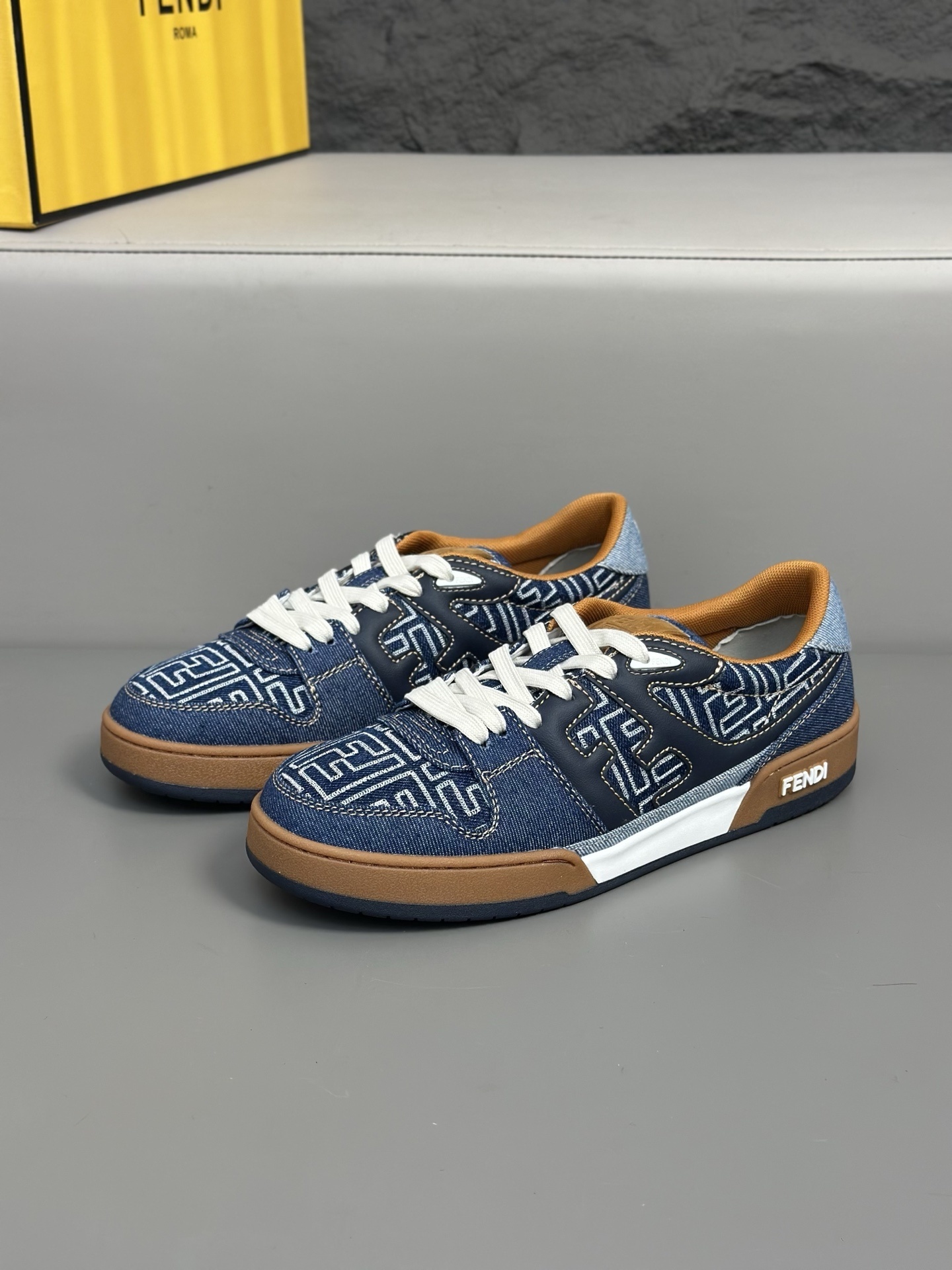 Fendi Match low-top sneakers in blue denim-effect FF jacquard with calf leather trim and a rubber sole