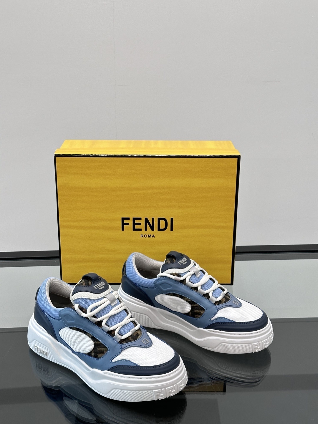 Fendi Force low-top sneakers in white, light blue, and blue leather