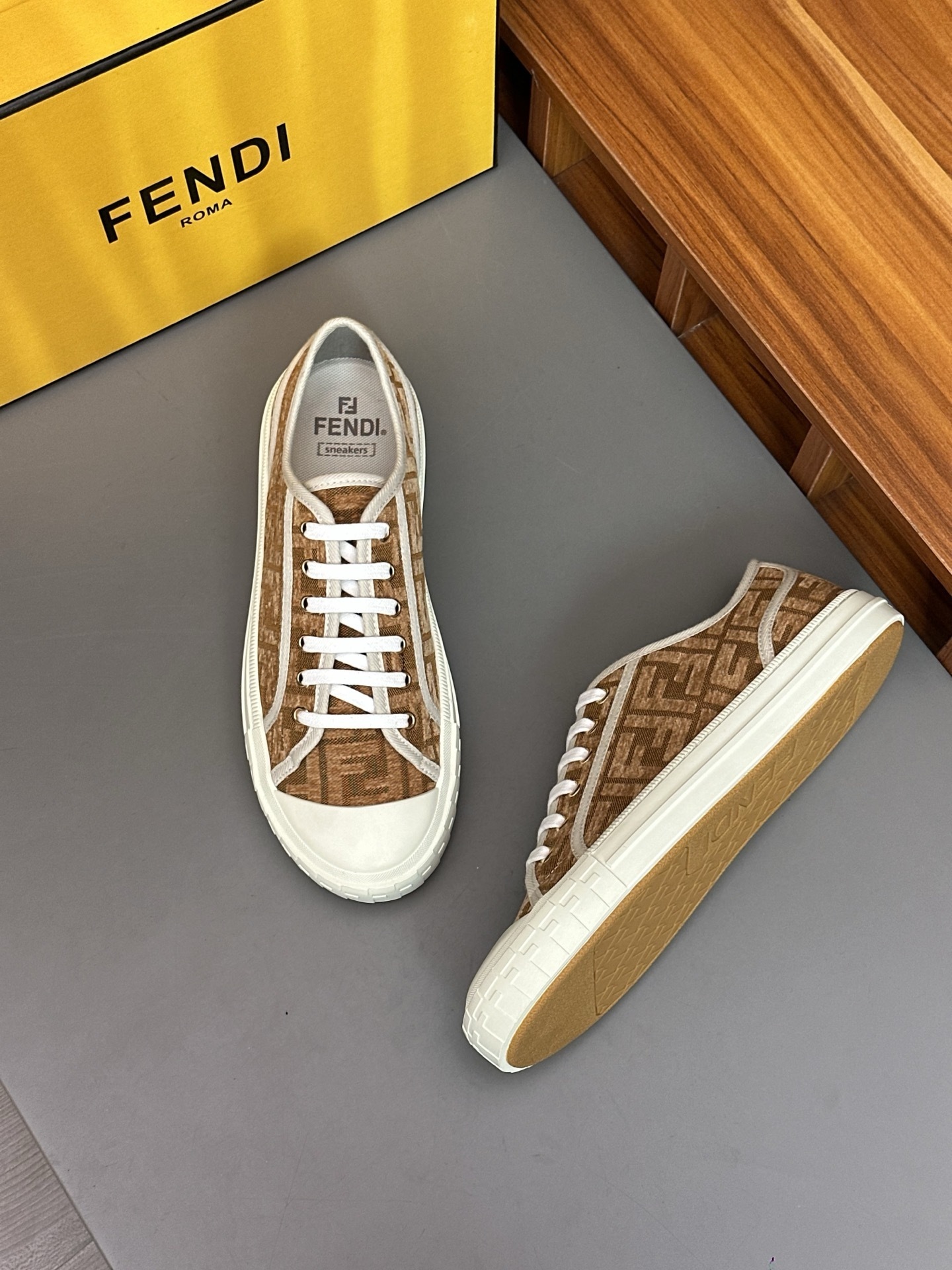 Fendi Domino low-top sneaker in brown and tobacco jacquard FF fabric