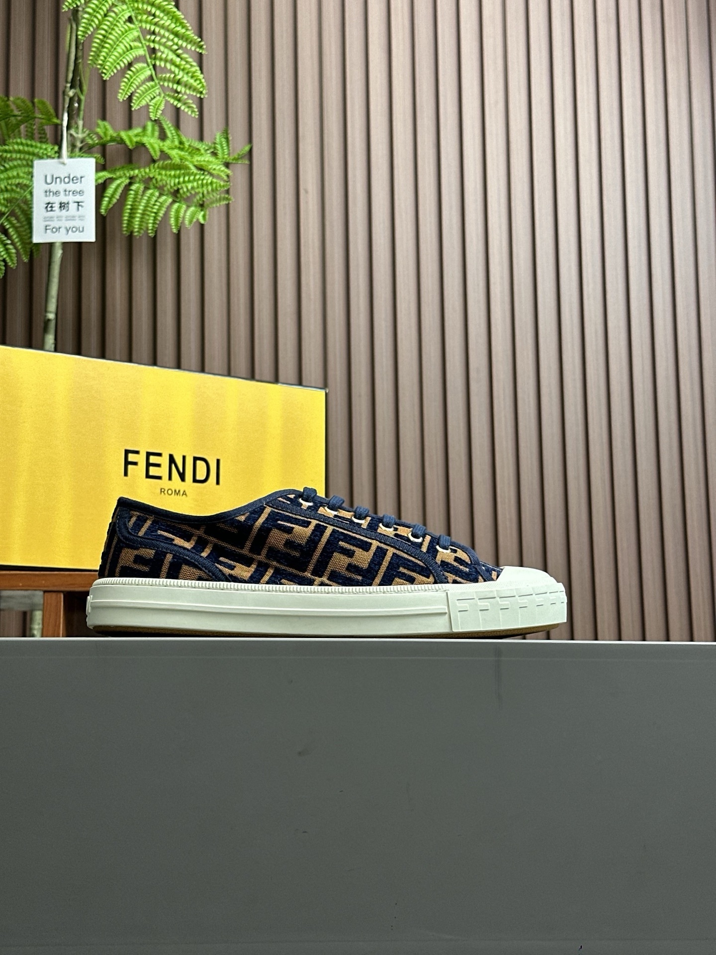 Fendi Domino low-top sneakers in blue denim with the signature FF jacquard motif and white rubber soles