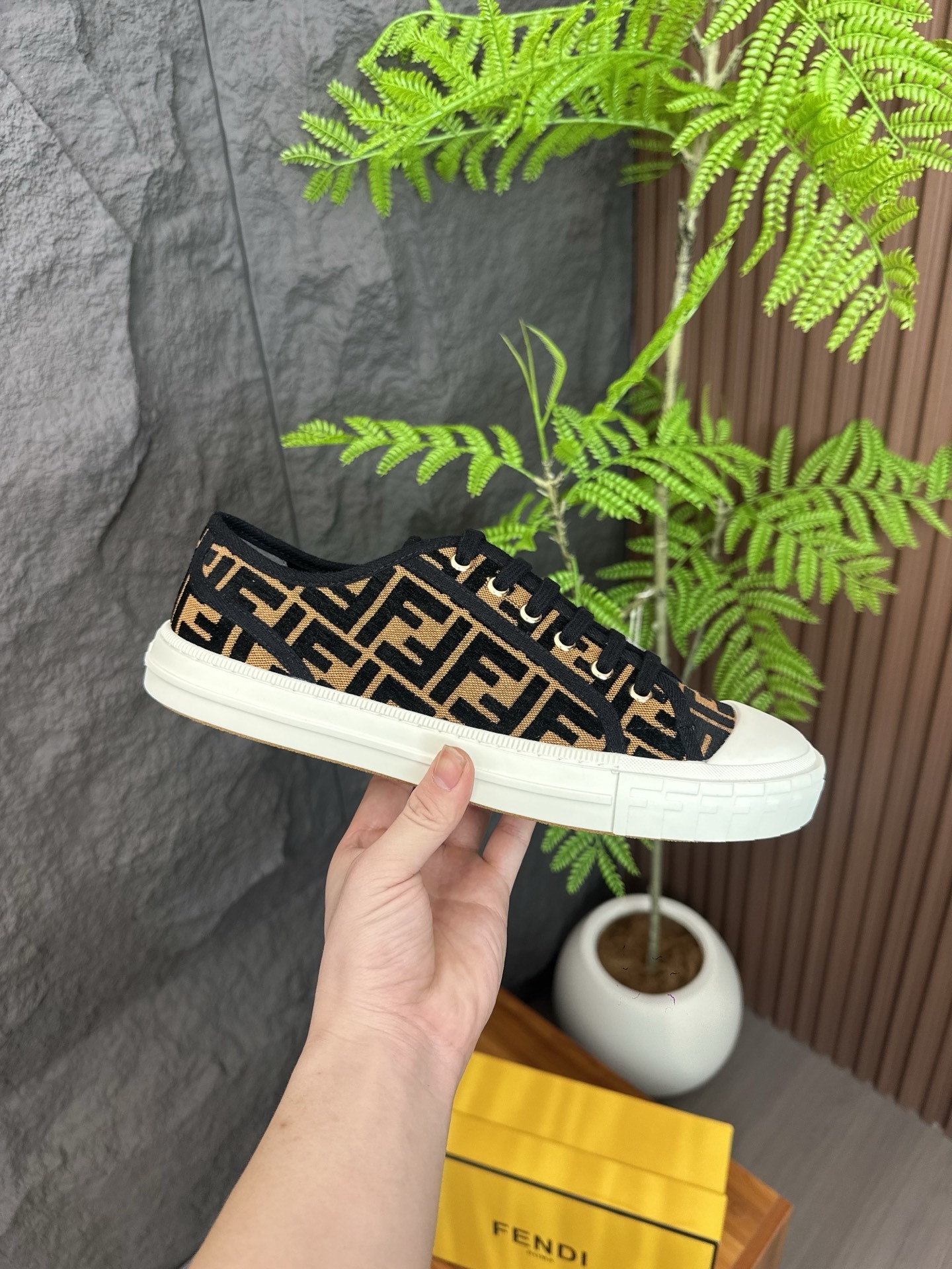 Fendi Domino low-top sneakers in brown and tobacco FF jacquard fabric