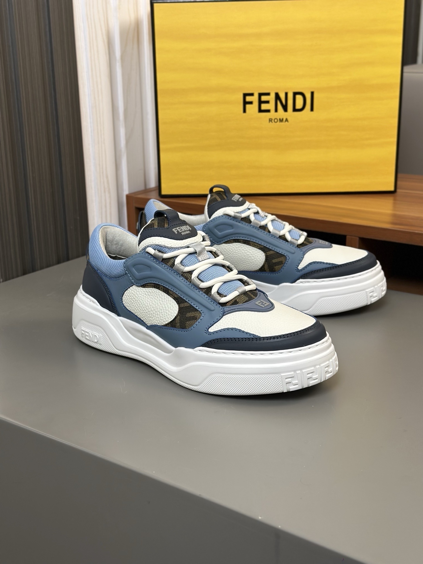 Fendi Force lace-up low-top sneakers in white, light blue