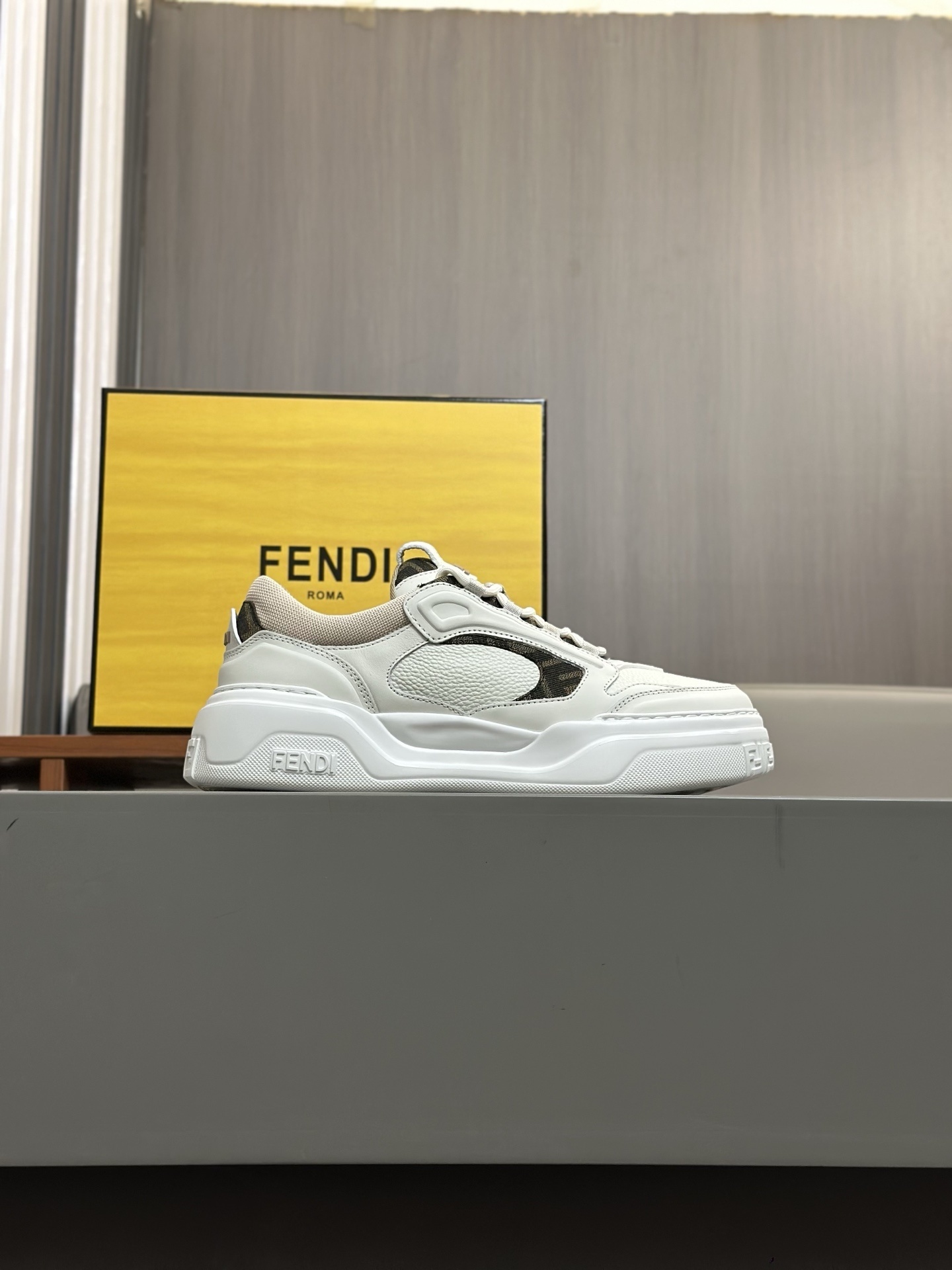 Fendi Force trainers in white, brown, and yellow leather