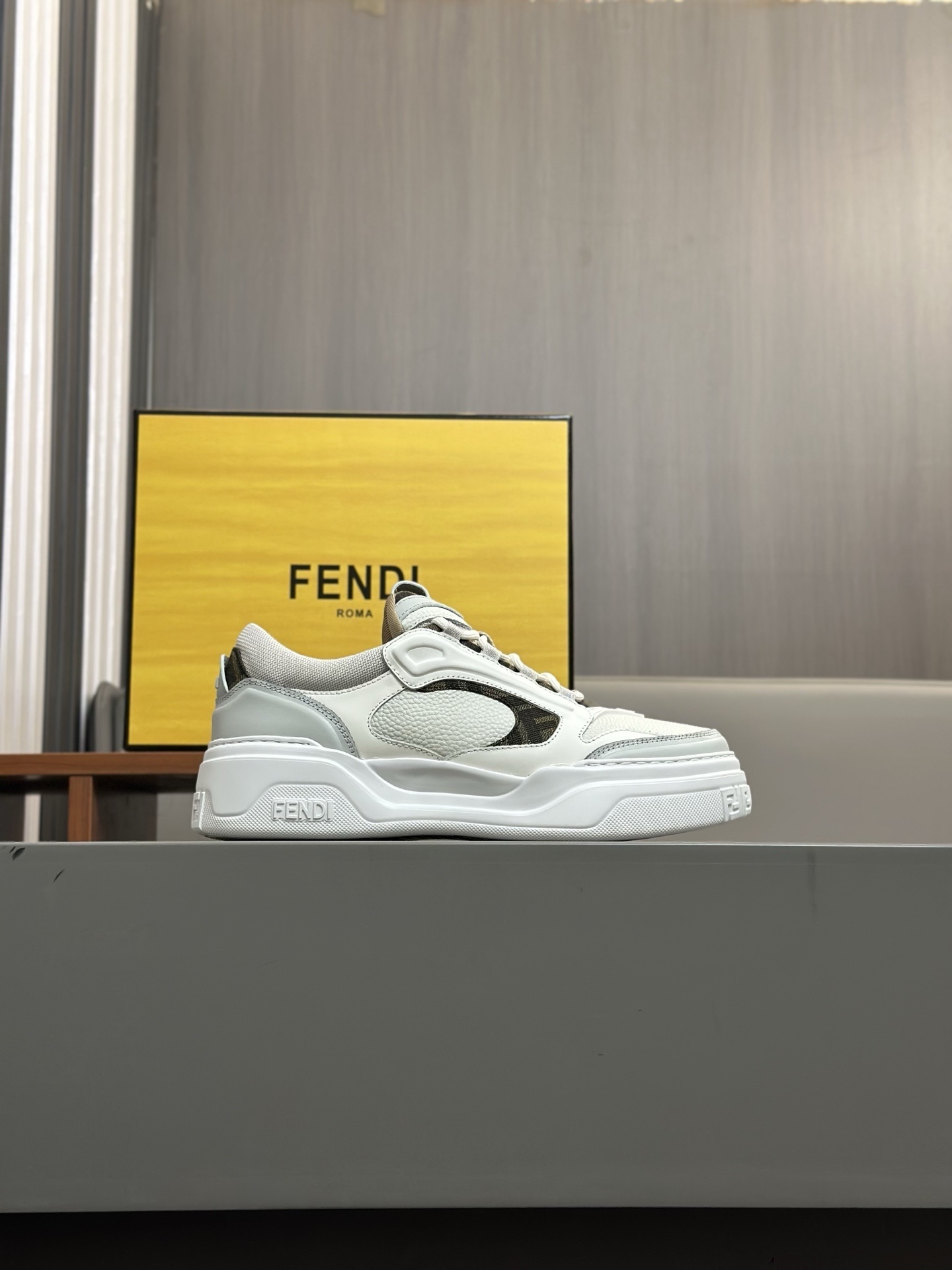 Fendi Force low-top sneaker in white and light gray leather
