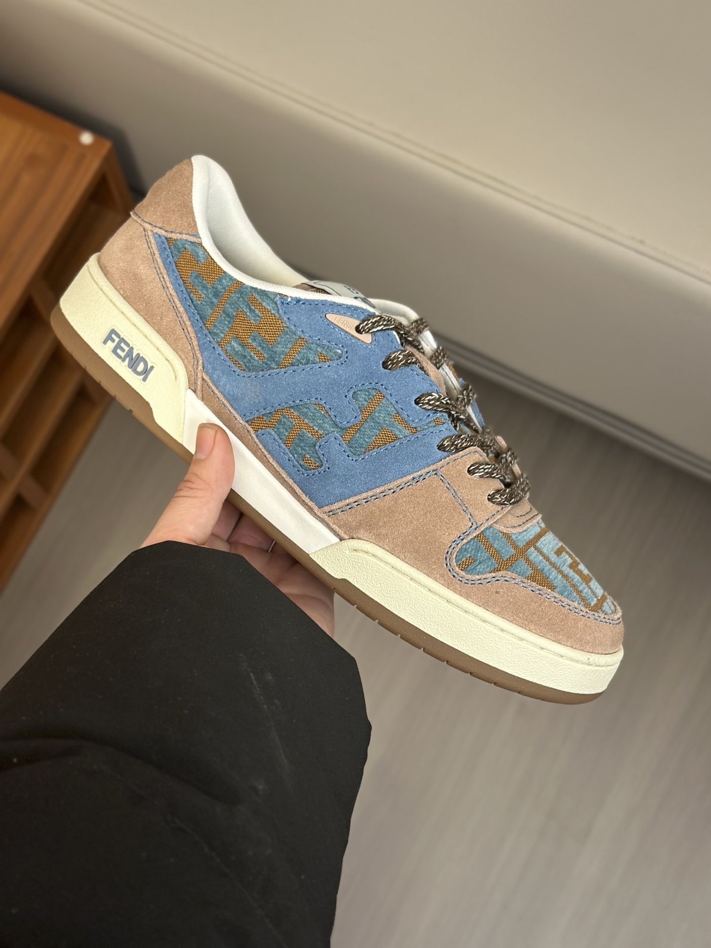 Fendi Match low-top sneaker in brown suede and blue FF jacquard fabric