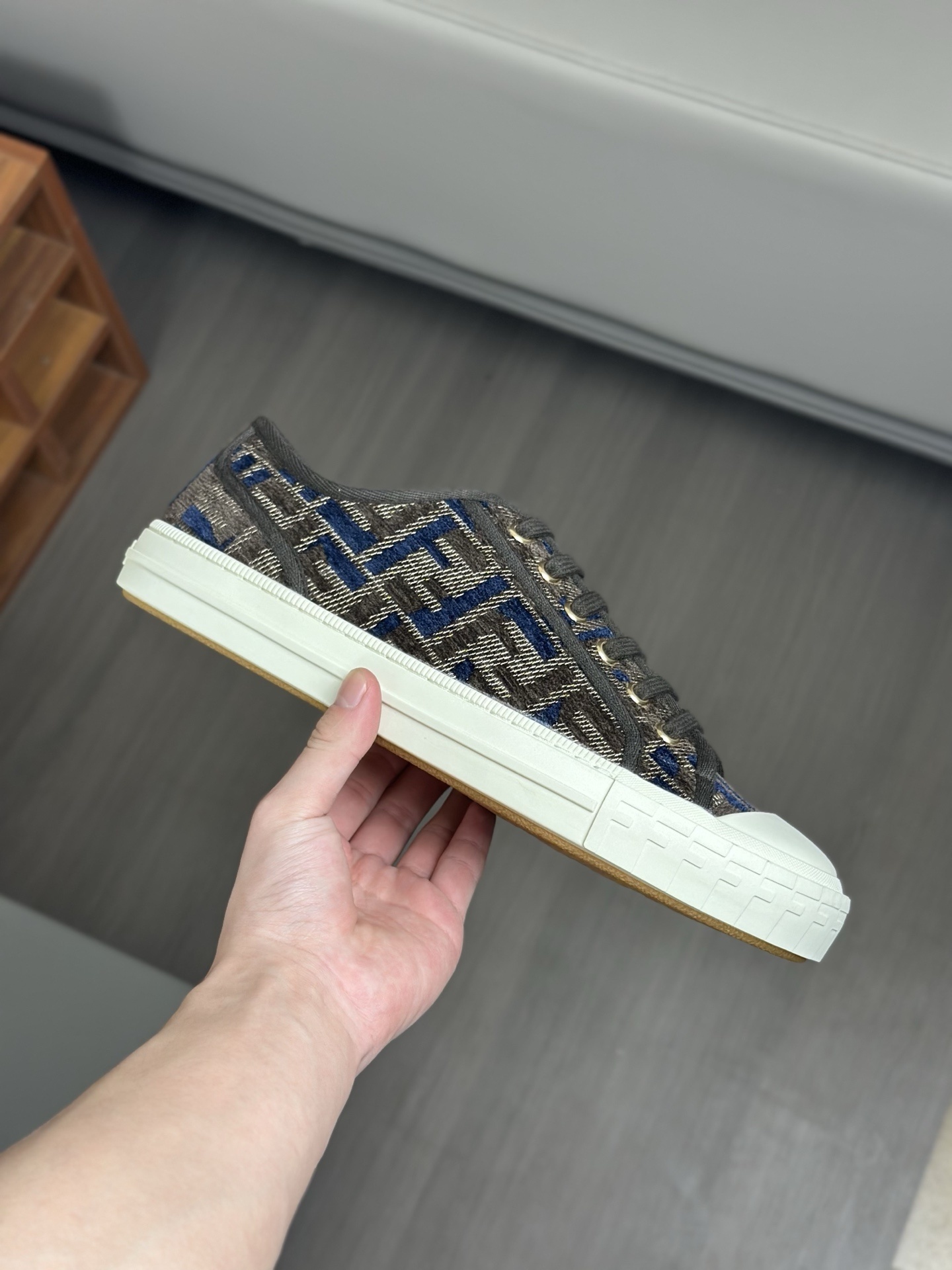 Fendi Domino low-top sneaker in tobacco/brown FF chenille jacquard fabric