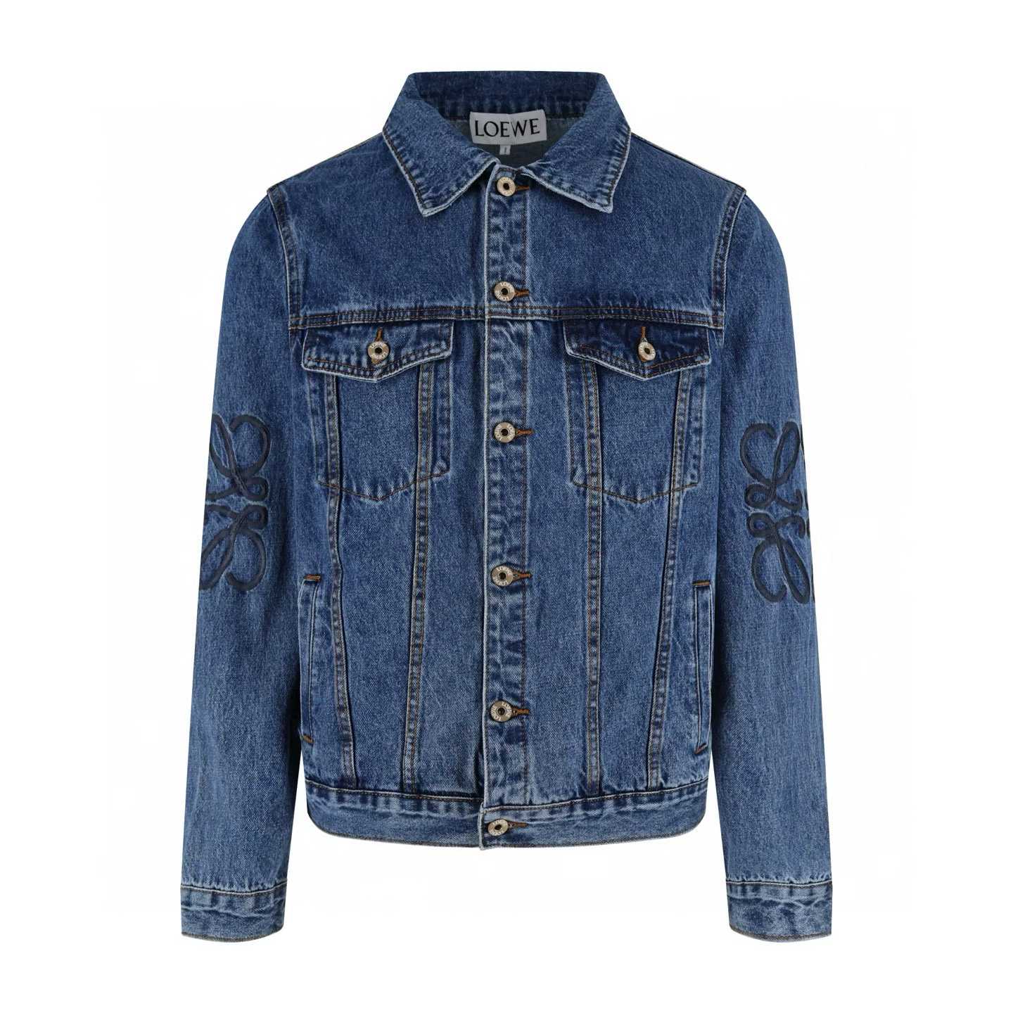 Loewe Anagram denim jacket in a mid-blue wash with the signature Anagram logo embroidered on the sleeves