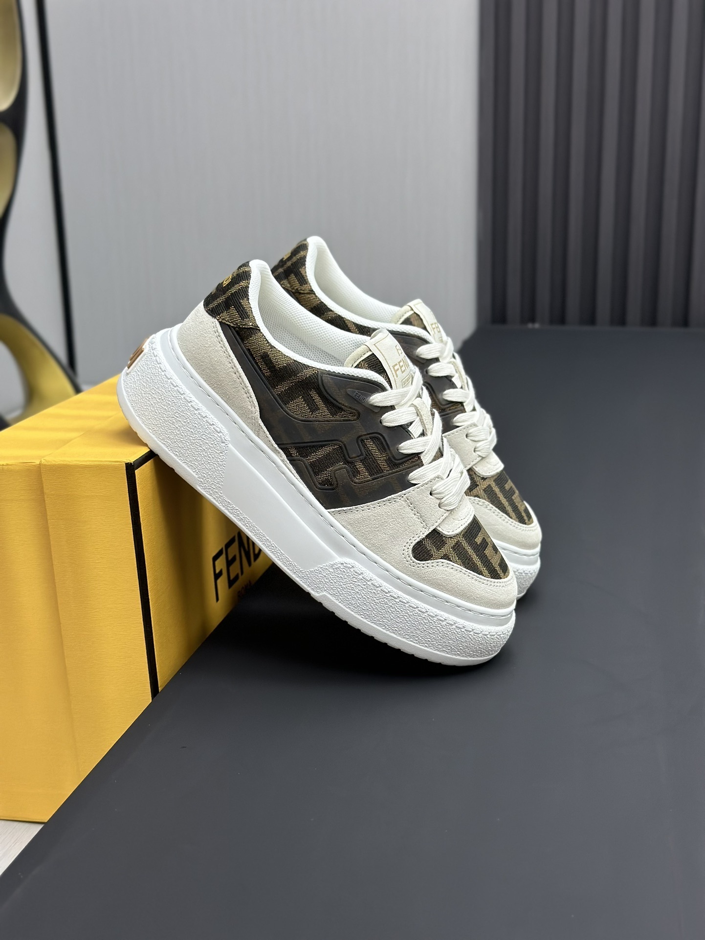 Fendi Match platform low-top sneakers in off-white suede and brown FF jacquard fabric