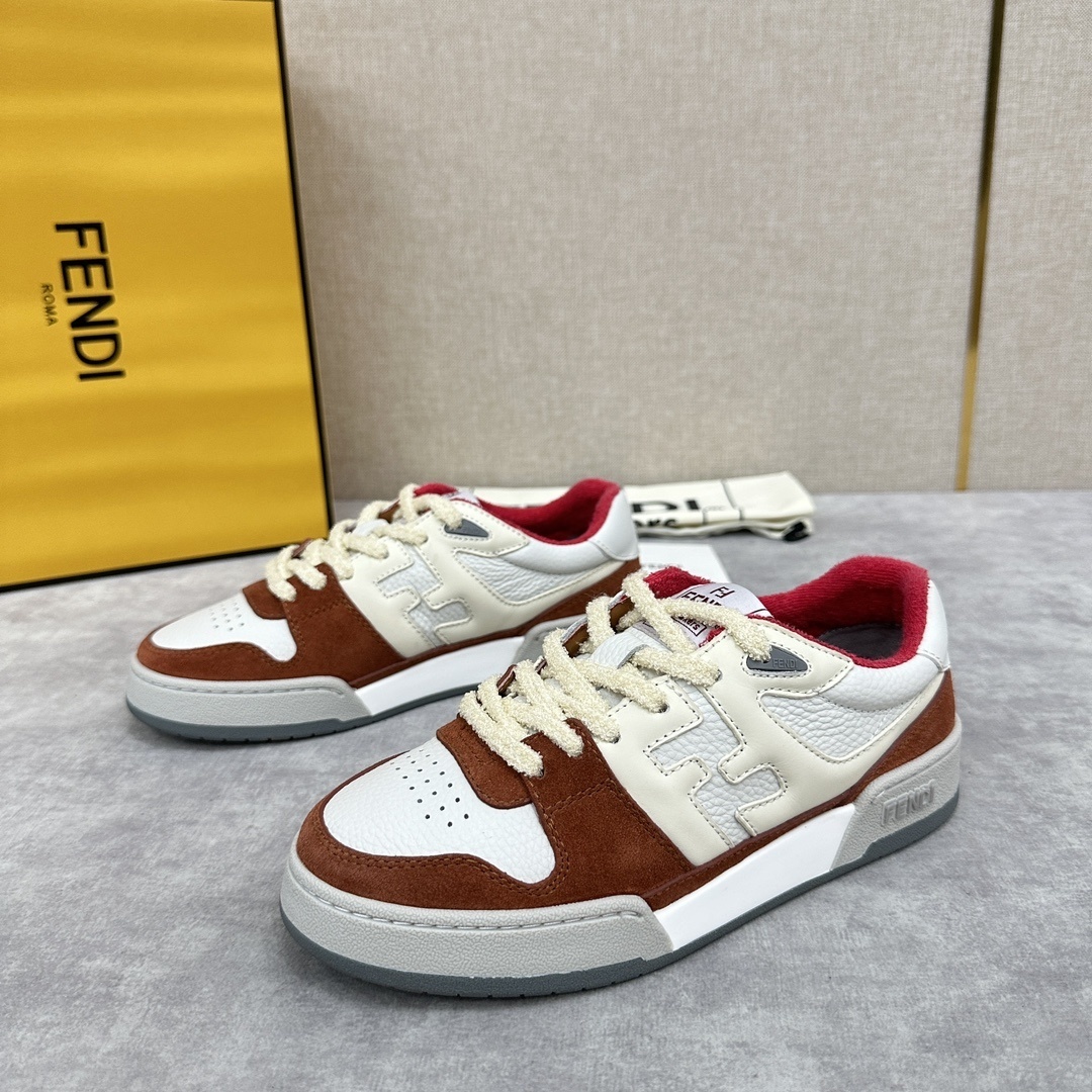 Fendi Match low-top sneakers in white leather and brown suede with red accents