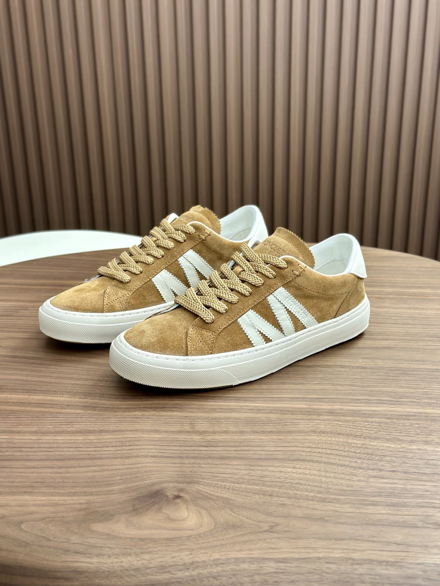 Moncler Monaco M sneakers in tan suede with white stripes