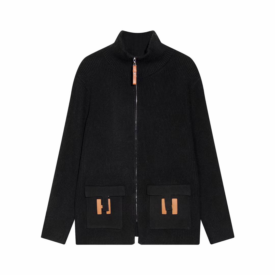 Hermes wool knit jacket with H leather pockets.
