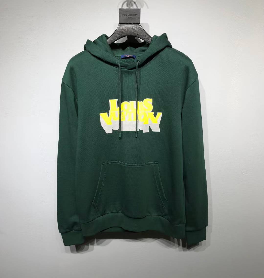 LV dark green hooded sweatshirt with a yellow and white graphic print