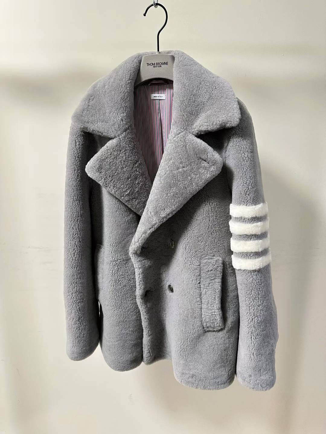 Thom Browne grey shearling 4-Bar stripe pea coat