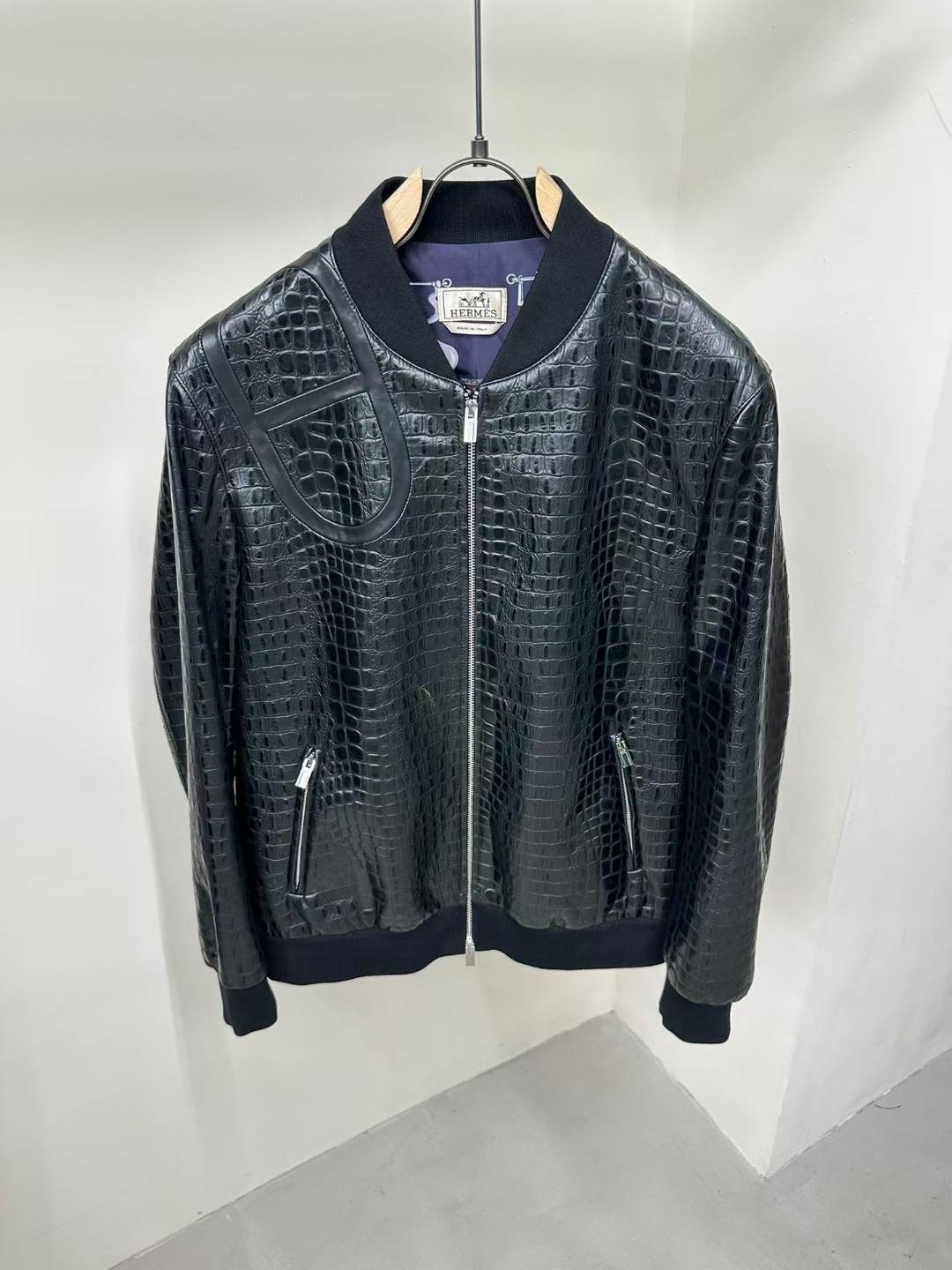 Hermes black crocodile-embossed leather bomber jacket