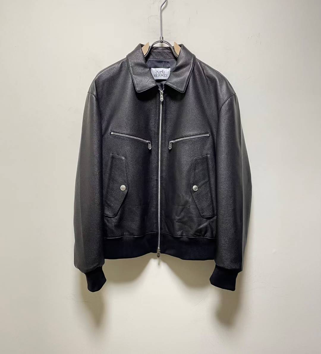 Hermes black leather bomber jacket