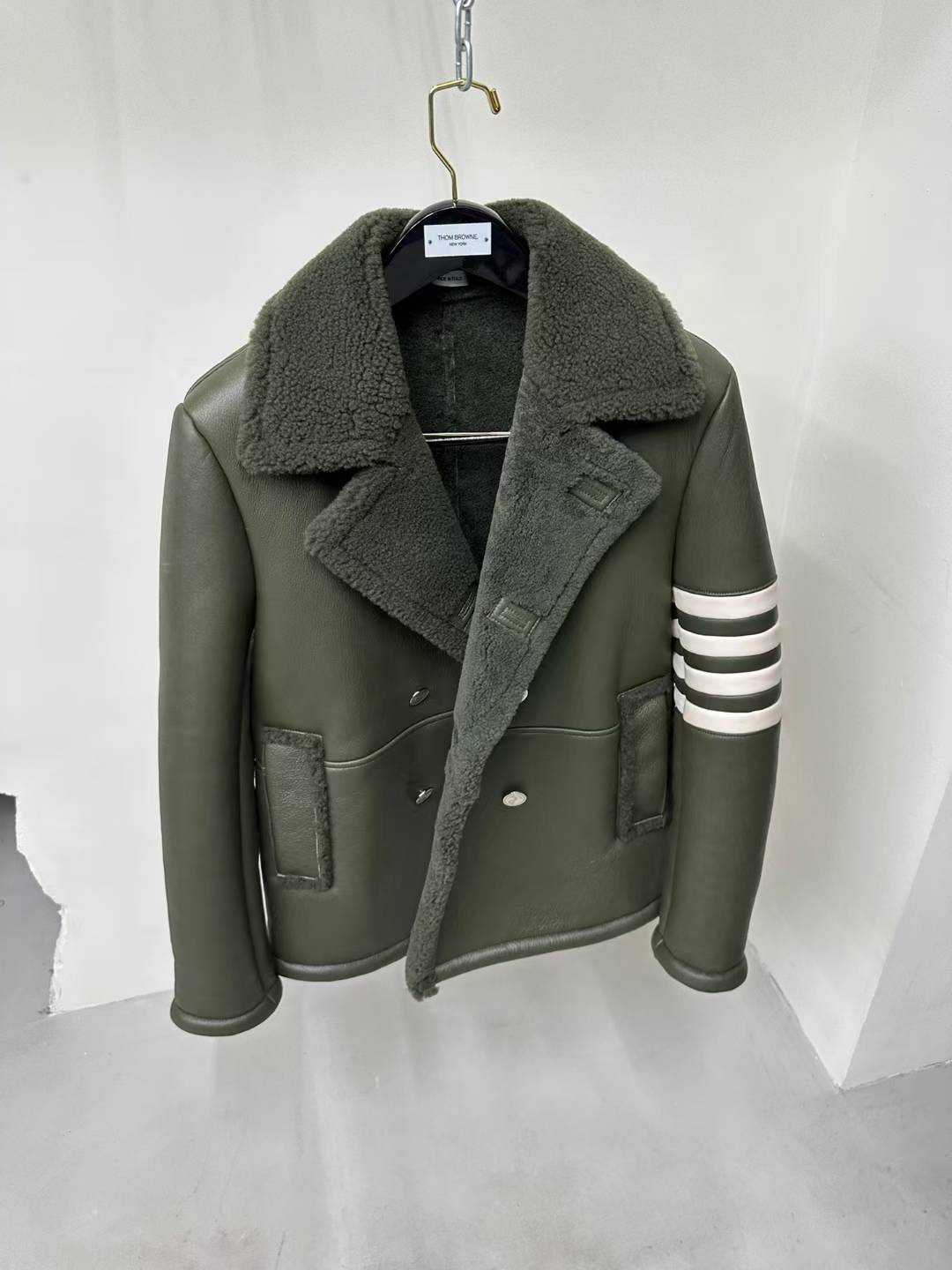 Thom Browne 4-Bar Unconstructed Classic Shearling Peacoat in a green color