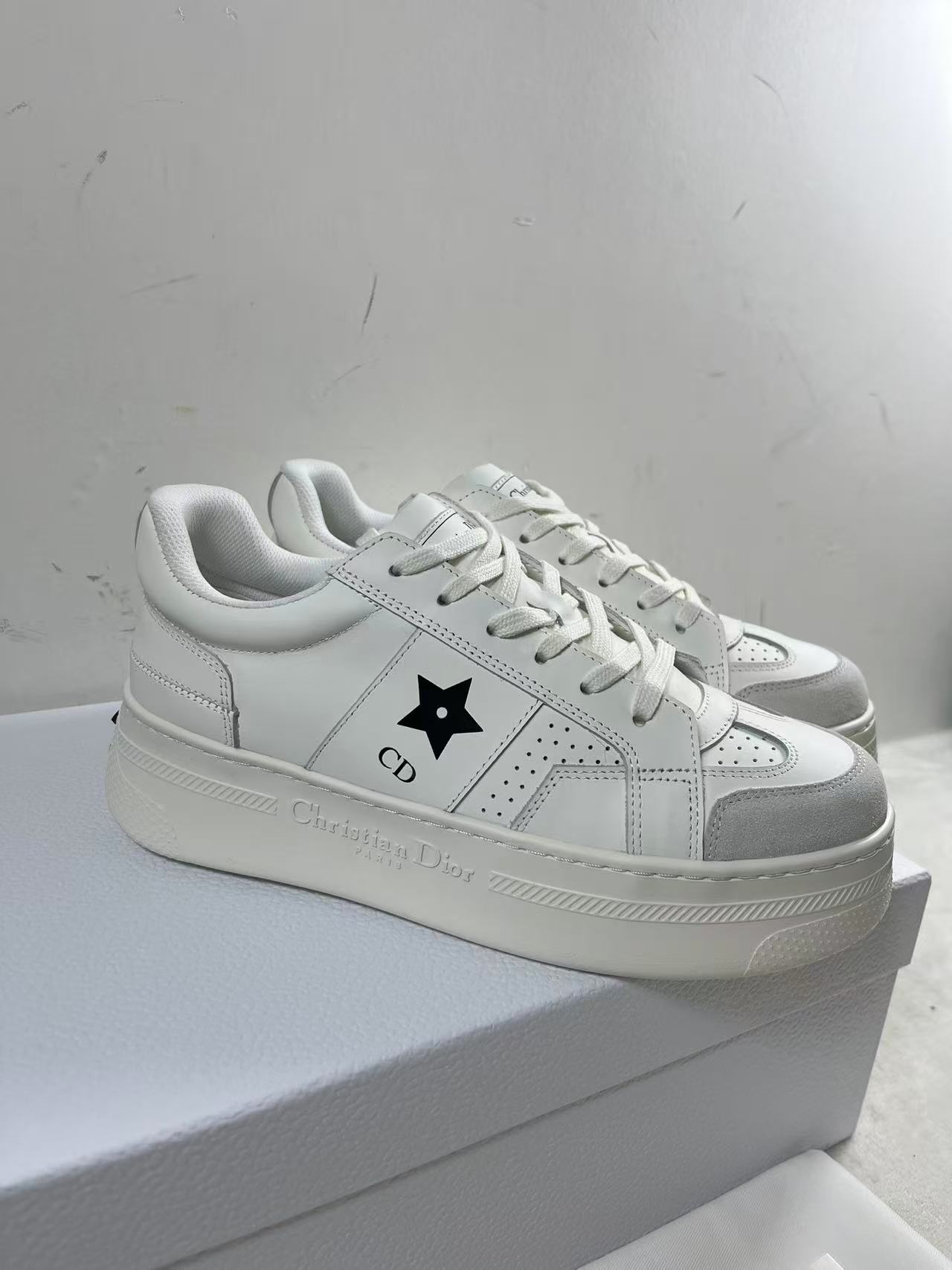 Dior Star platform sneaker in white calfskin and suede with a black star and 'CD' signature