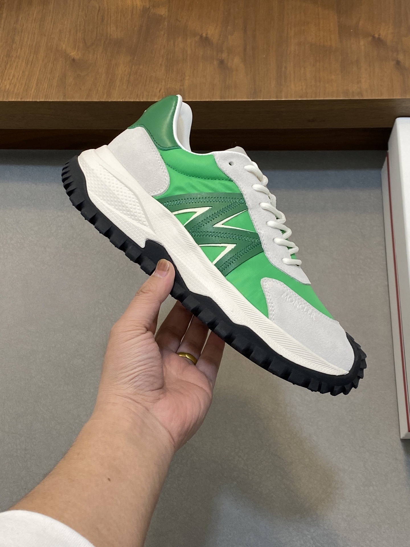 Moncler New Balance 327 sneaker in a green and white colorway