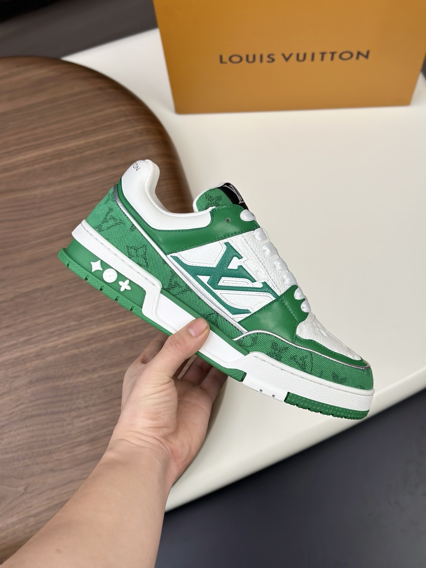 LV Trainer sneaker in green monogram denim and white