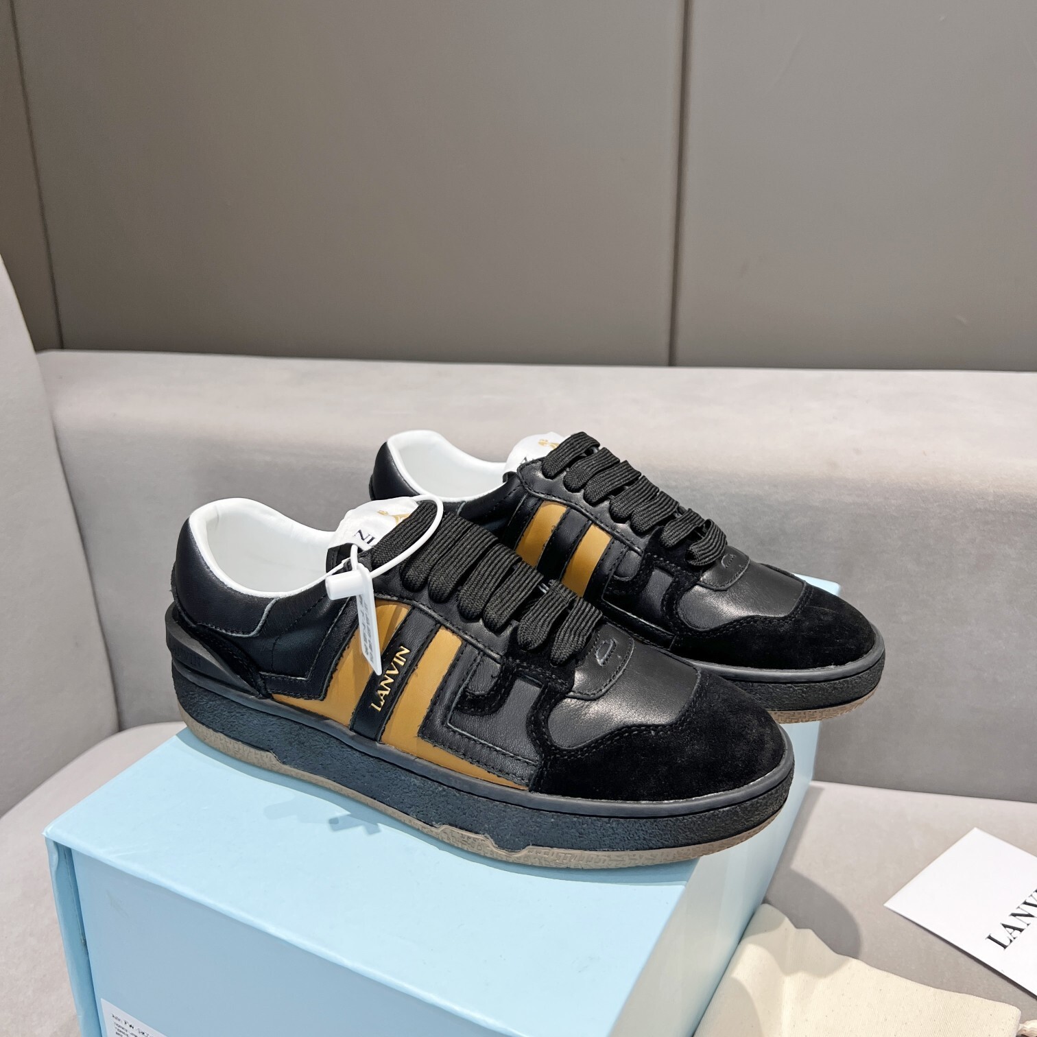 Lanvin Low Clay Leather and Suede Sneakers in black and beige