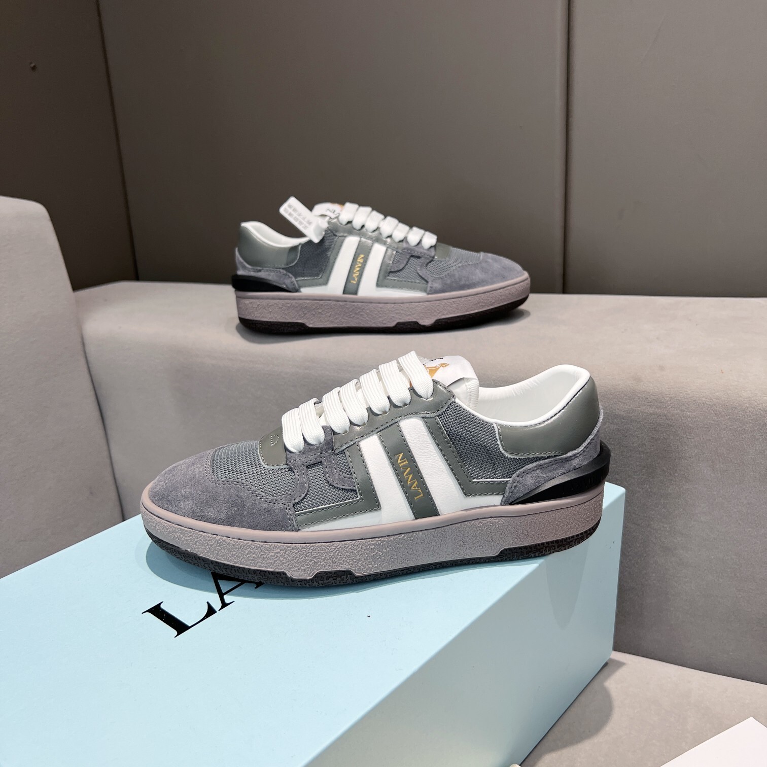 Lanvin Clay low-top mesh and suede sneakers in a grey colorway